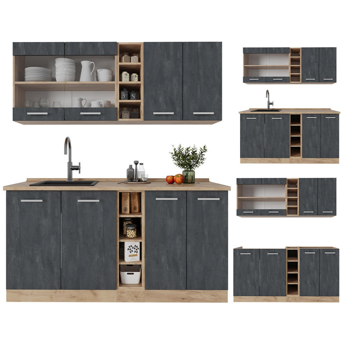 SINGLEKÜCHE R-Line Schwarz Beton/Goldkraft Eiche 160 cm AP Eiche - Eiche Wotan/Schwarz, Holzwerkstoff (160/81.6/60cm) - Vicco