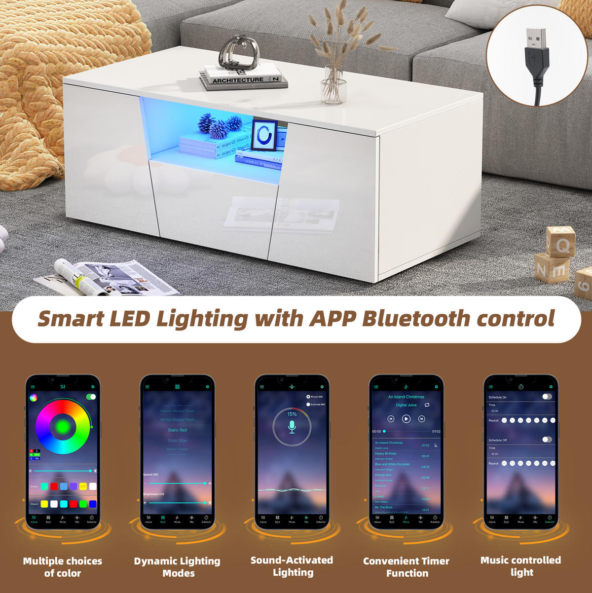 COUCHTISCH aus Spanplatte 100x50x40 cm in Weiß mit LED-Beleuchtung - Weiß, Holzwerkstoff (100/50/40cm) - Modfu
