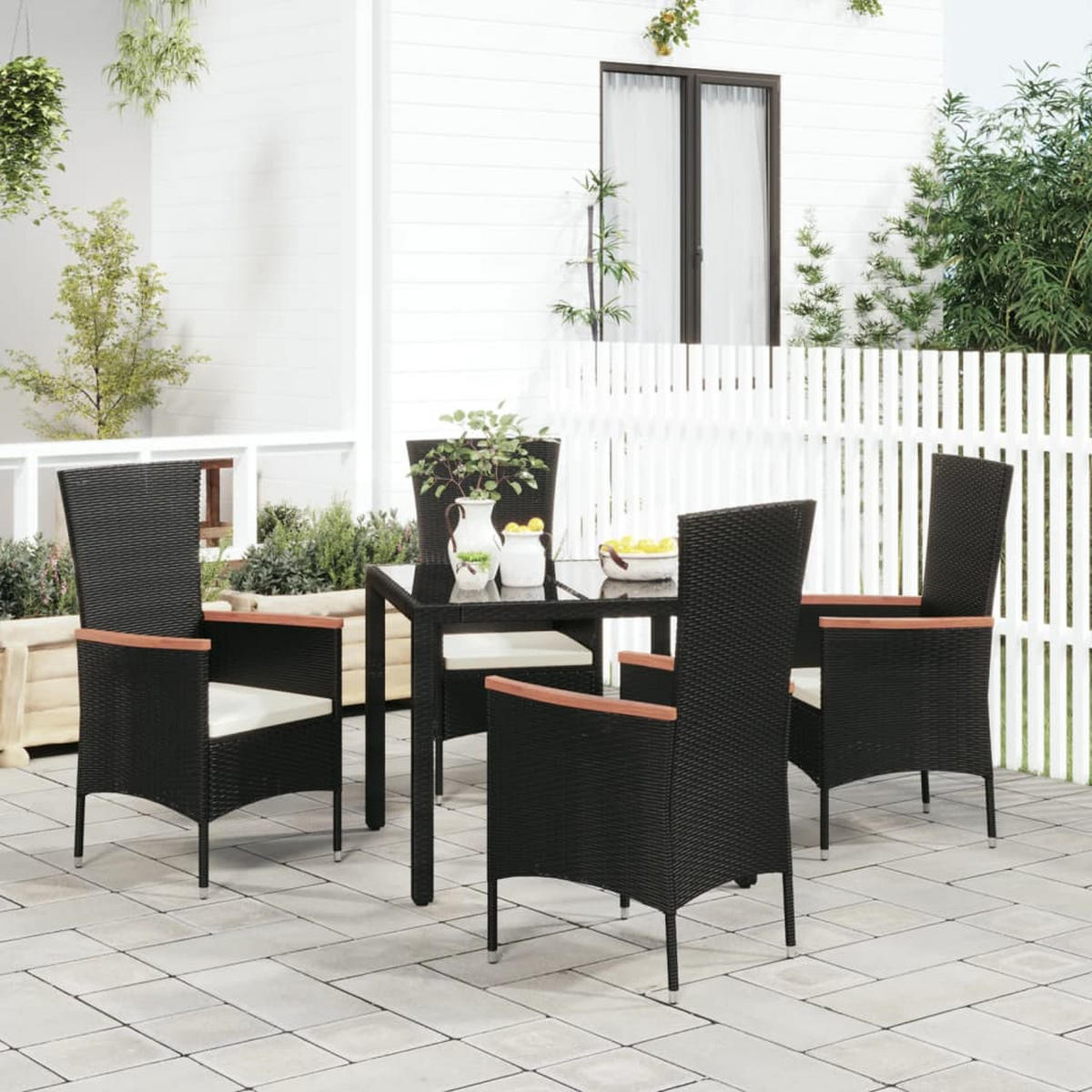 GARTENSTÜHLE mit Kissen 4 Stk. Poly Rattan Schwarz - Schwarz, Holz (60/108/58cm) - furnicato