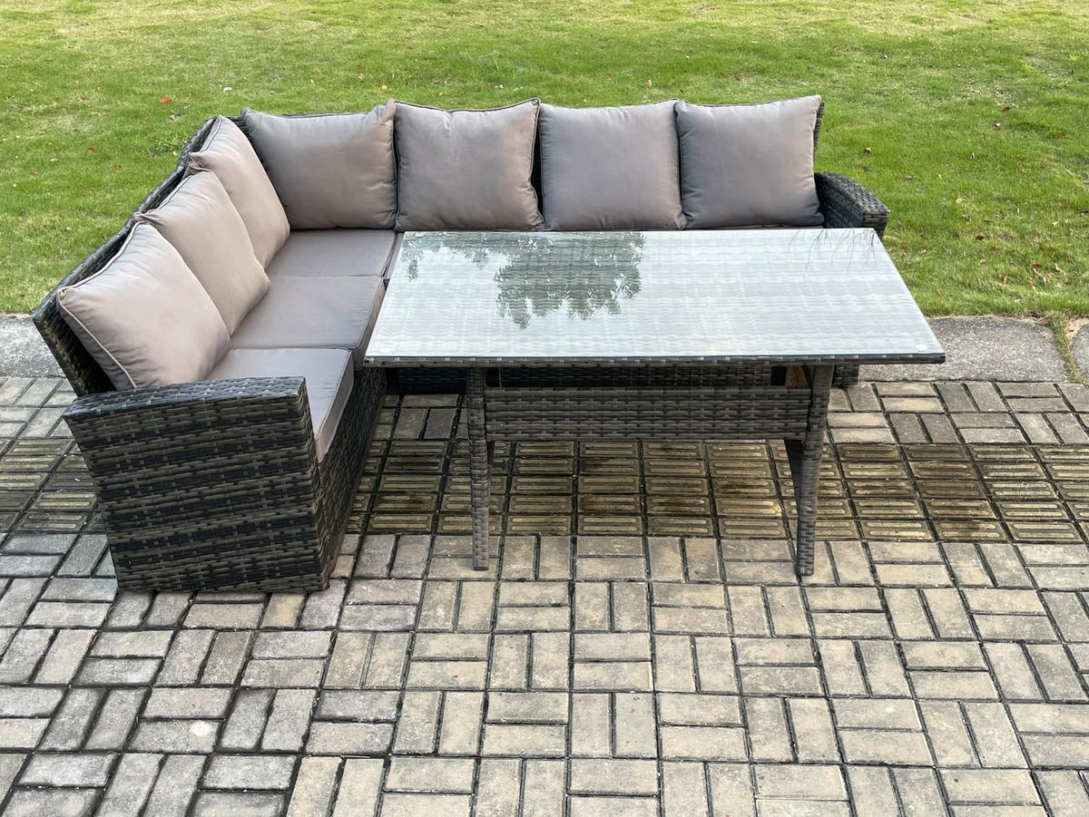 GARTENLOUNGE mit Ecksofa Polyrattan Dunkelgrau 6-Sitzer - Dunkelgrau/Grau, Glas/Kunststoff - Fimous