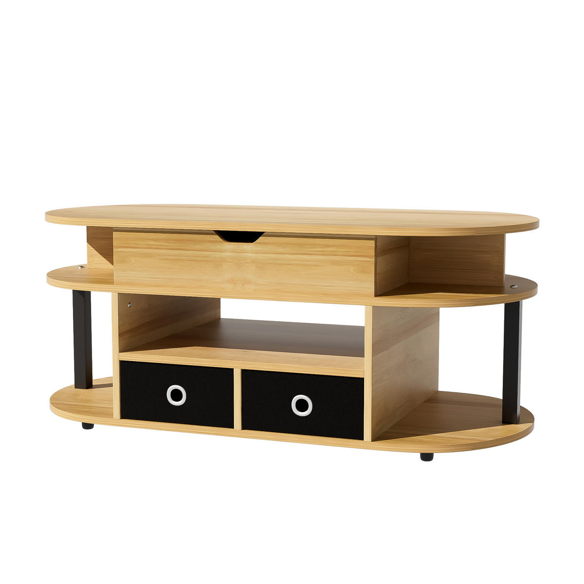 COUCHTISCH Holzfarbe und Schwarz 105/50/45 cm Hebefunktion Stoffschubladen - Schwarz, Holzwerkstoff (50/105/45cm) - PANGIVO