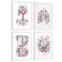 POSTER Set aus 4 Anatomie Mensch Drucke und Wandbilder mit Schädel Lungen Verdauungssystem und Gehirn Florales Aquarell Design Größe Weißer Rahmen A3 - Weiß, Papier (29.7/42/3cm) - Nacnic