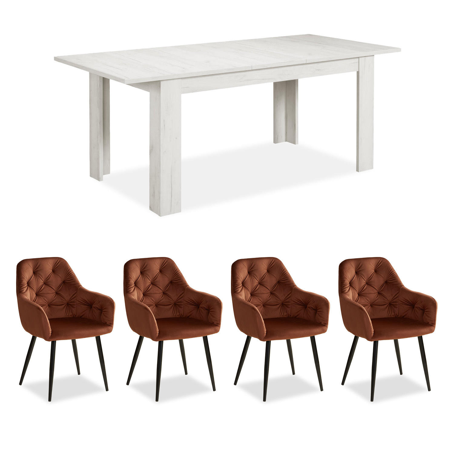 TISCHGRUPPE ausziehbar 160-200/90 cm weiß mit 4 Stühle Samt braun - Weiß/Braun, Holz/Textil (160/88/90cm) - Homestyle4u