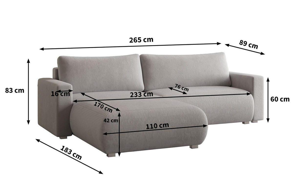 ECKSOFA TURIN P Creme Kordstoff mit Schlaffunktion - Creme, Holz (265/183cm) - MASSENO