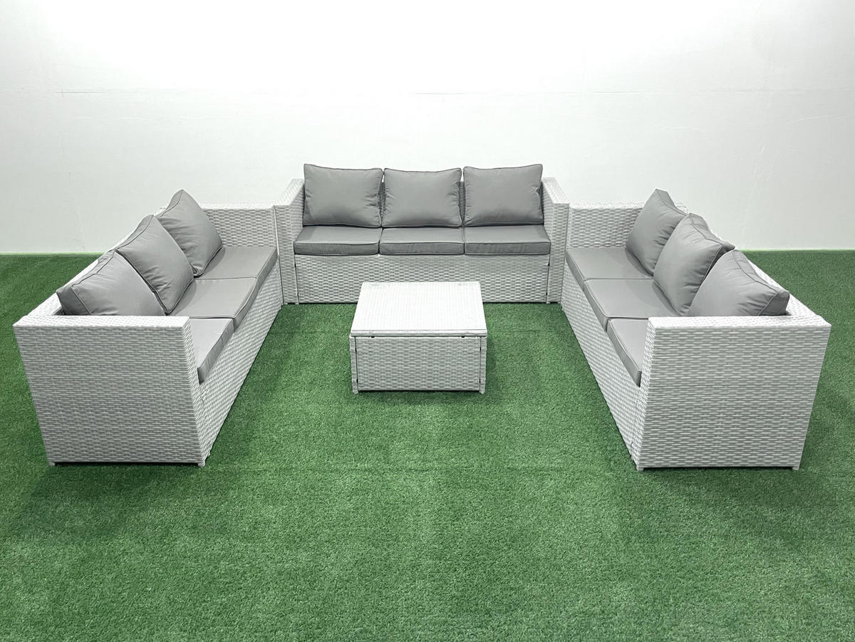 GARTENMÖBELSET mit 3-SITZER SOFA,COUCHTISCH Polyrattan Hellgrau-Mix 9-Sitzer - Hellgrau/Grau, Glas/Kunststoff - Fimous