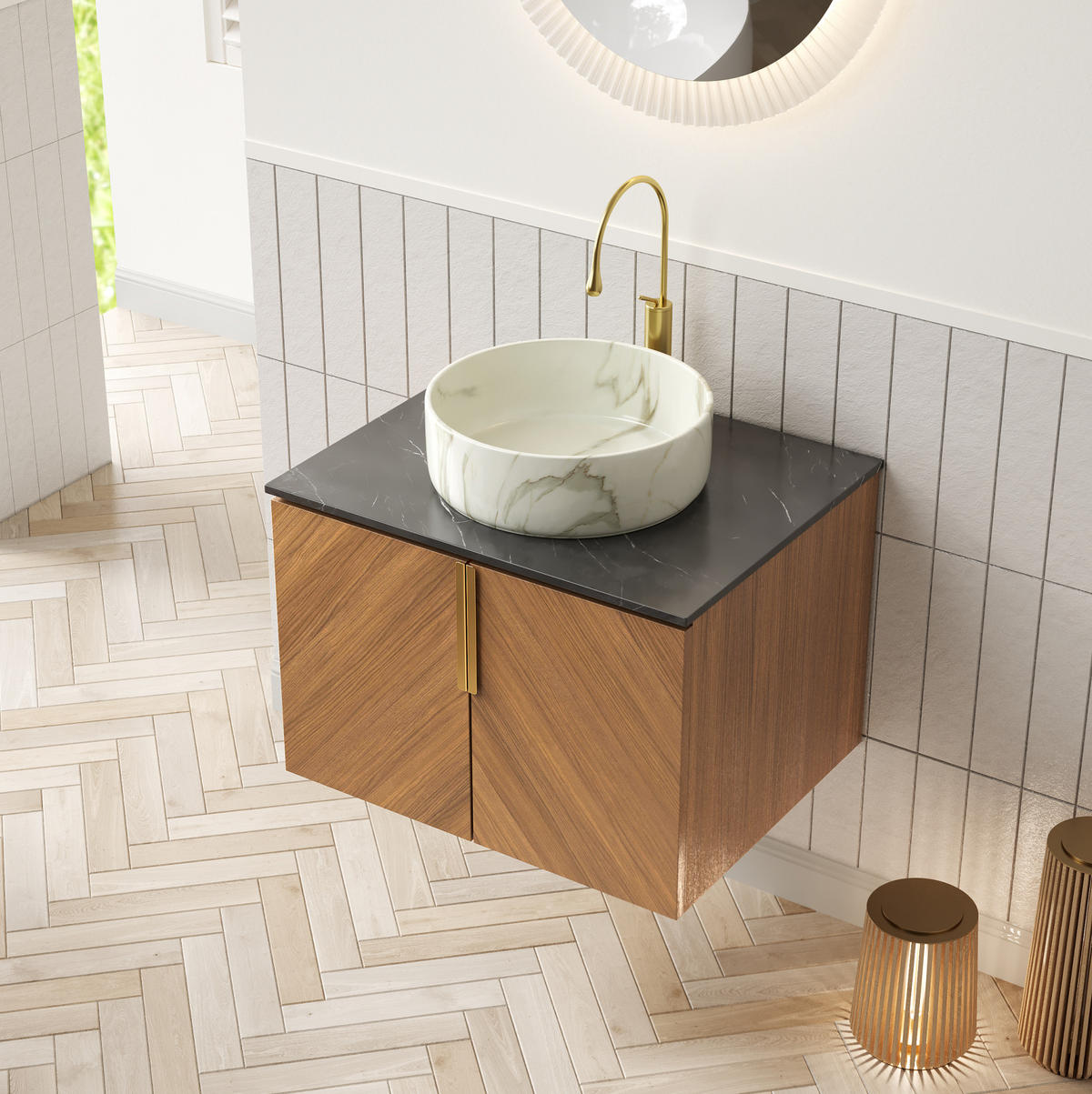 WASCHTISCH aus Keramik und Sinterstein 61x50x53,1 cm Schwarz/Braun-Eiche mit Stauraum und Soft-Close - Schwarz, Keramik (61/53.1/50cm) - Modfu
