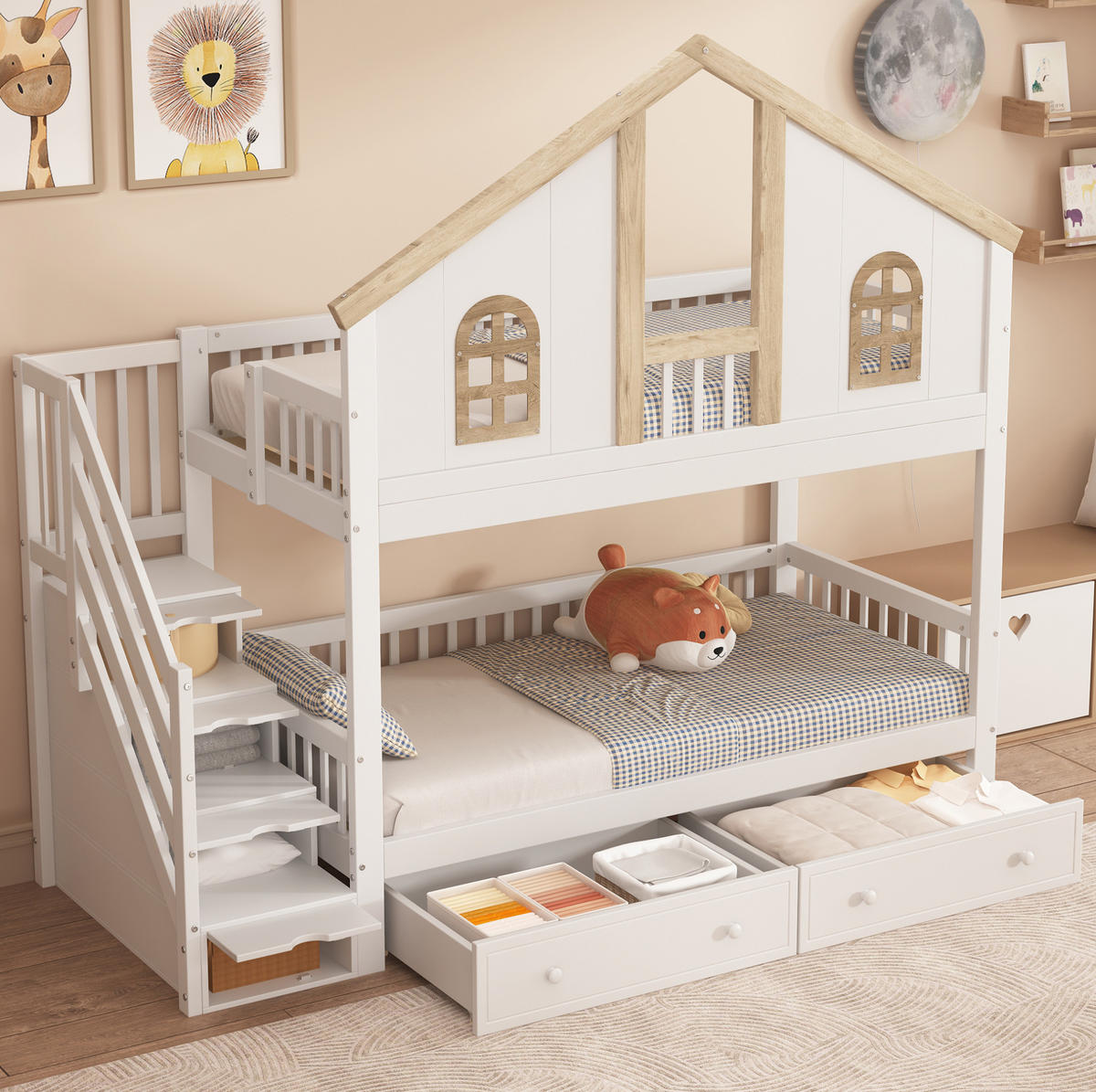 ETAGENBETT aus Kiefer und MDF 90x200 cm Weiß/Natur mit Stauraumtreppe, 2 Schubladen und Fenstern - Weiß, Holzwerkstoff (90/200cm) - Modfu