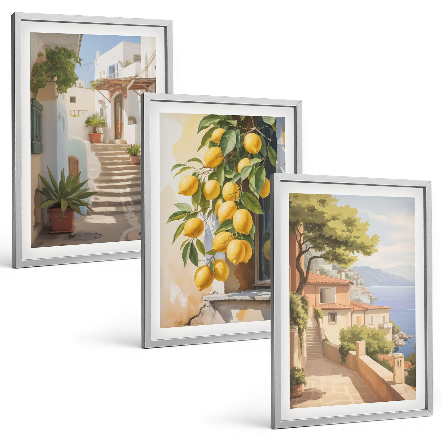 BILDER SET 3er Set - 40x60 cm Silberner Rahmen - Lemon Streets Meerblick - Silberfarben, Kunststoff (40/60cm) - TULUP