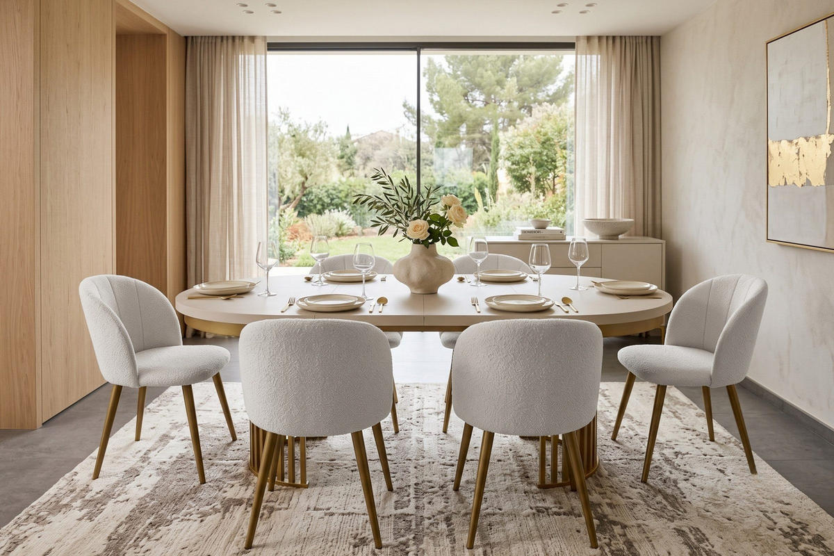 TISCHGRUPPE CLEO 100-200 cm in Kashmir/Gold mit 6 Stühlen in Boucle Weiß - Kaschmir/Goldfarben, Holz/Textil (200/76/100cm) - Deine Möbel 24