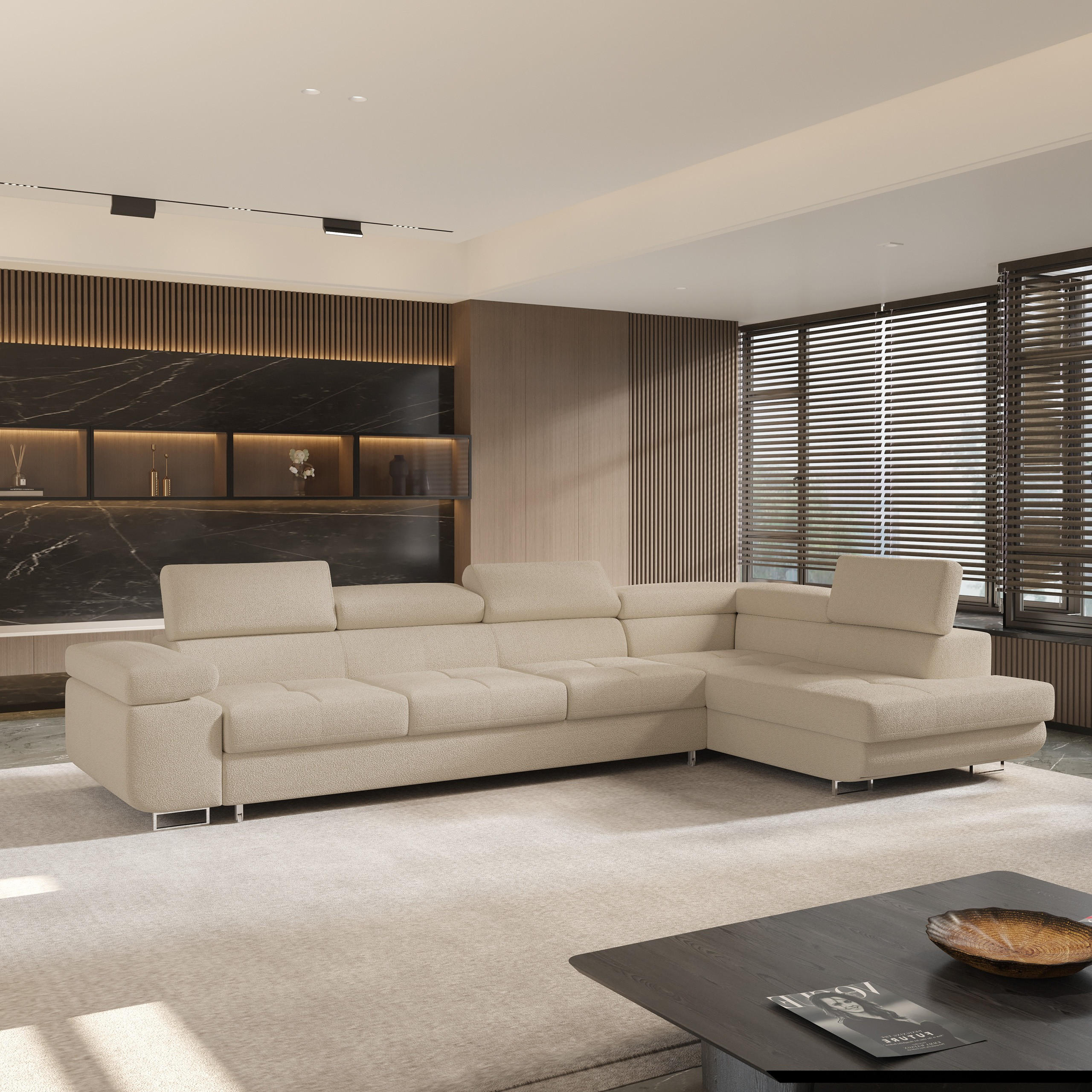 ECKSOFA VICENTE Beige Boucle-Stoff mit Schlaffunktion - Beige, Holz (346/202cm) - MASSENO