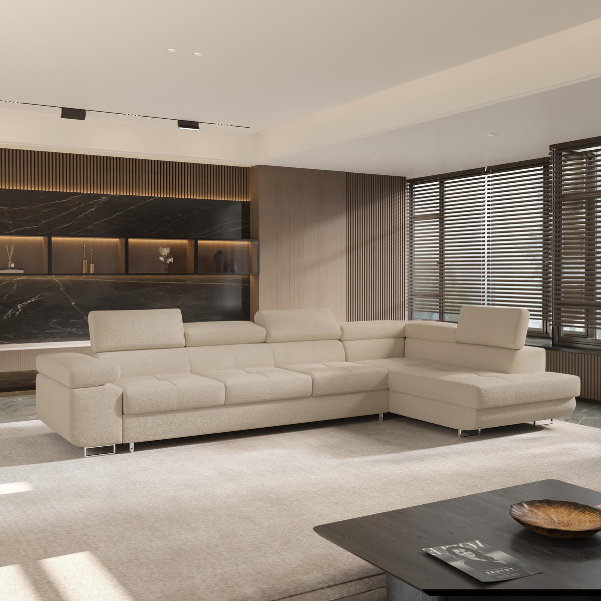 ECKSOFA VICENTE Beige Boucle-Stoff mit Schlaffunktion - Beige, Holz (346/202cm) - MASSENO
