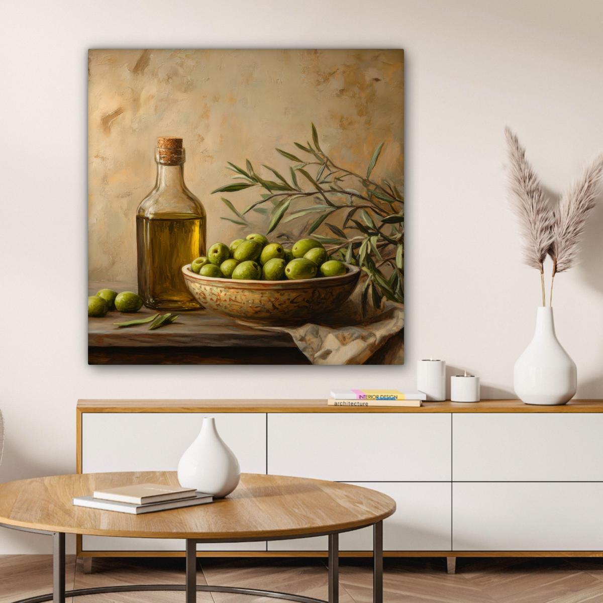 LEINWANDBILD Oliven - Stilleben - Vintage Deko Groß 90x90 cm - Olivgrün, Textil (90/90cm) - MuchoWow