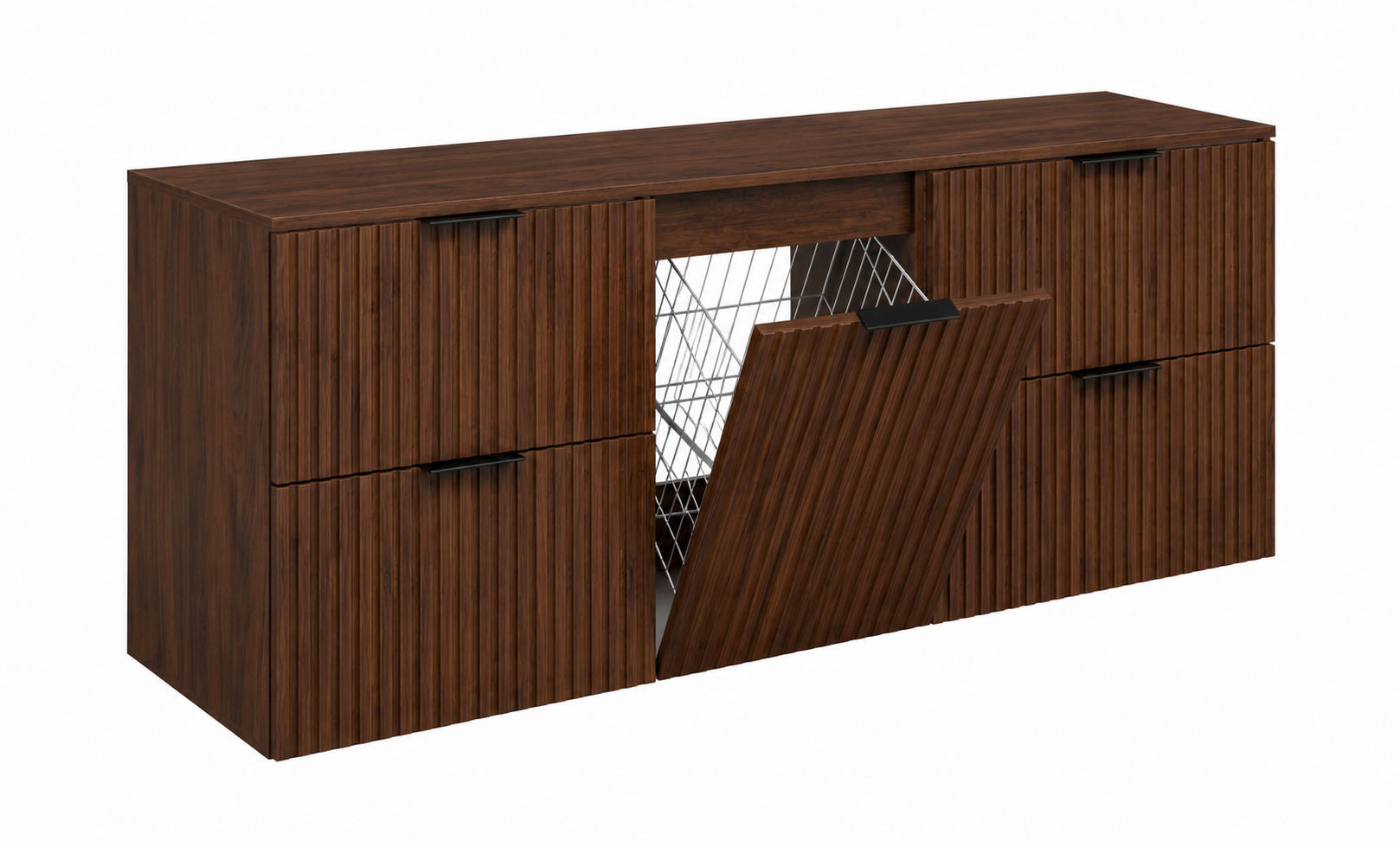 BADMÖBEL-SET MIT WÄSCHEKORB: Eiche Nussbaum, Griffe Schwarz, 160 x 46 x 57 cm - Eichefarben/Schwarz, Holzwerkstoff (160/57/46cm) - 3XE LIVING
