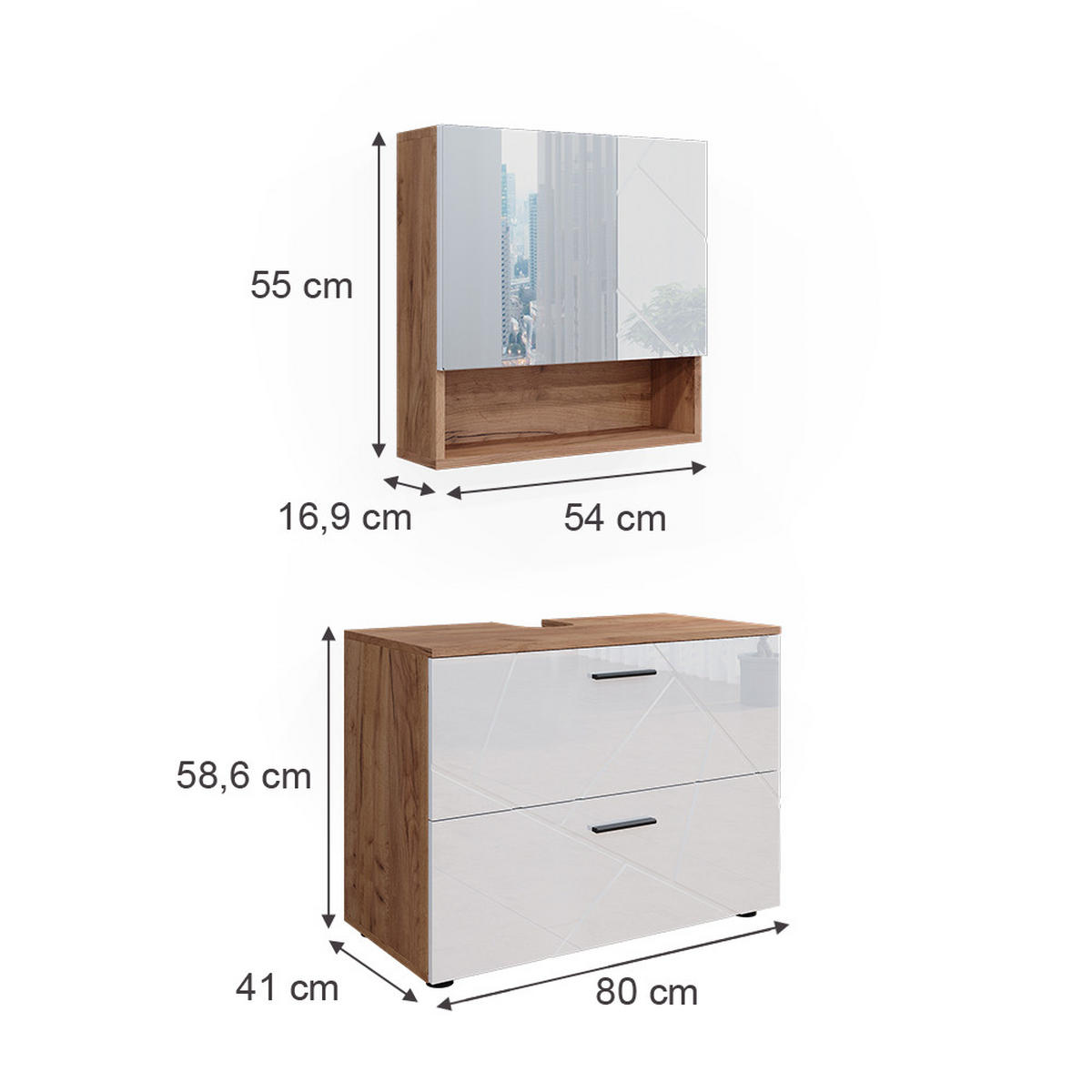 BADMÖBEL-SET Irma Weiß Hochglanz/Goldkraft Eiche 2 Teile - Honigeiche/Weiß Hochglanz, Holzwerkstoff (80/58.6/41cm) - Vicco
