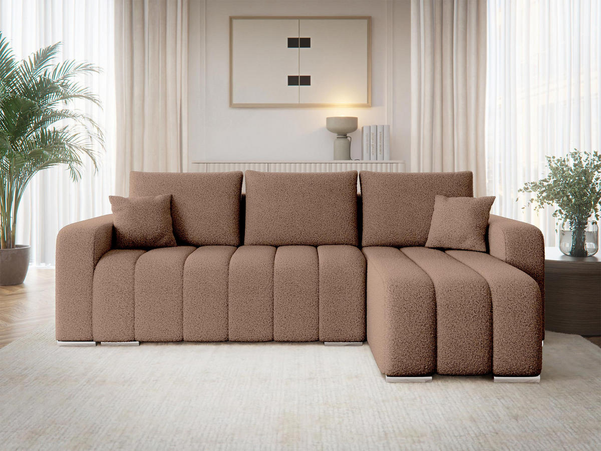 ECKSOFA Pufetto Boucle - Hellbraun/Silberfarben, Holz/Textil (244/147cm) - MIRJAN24