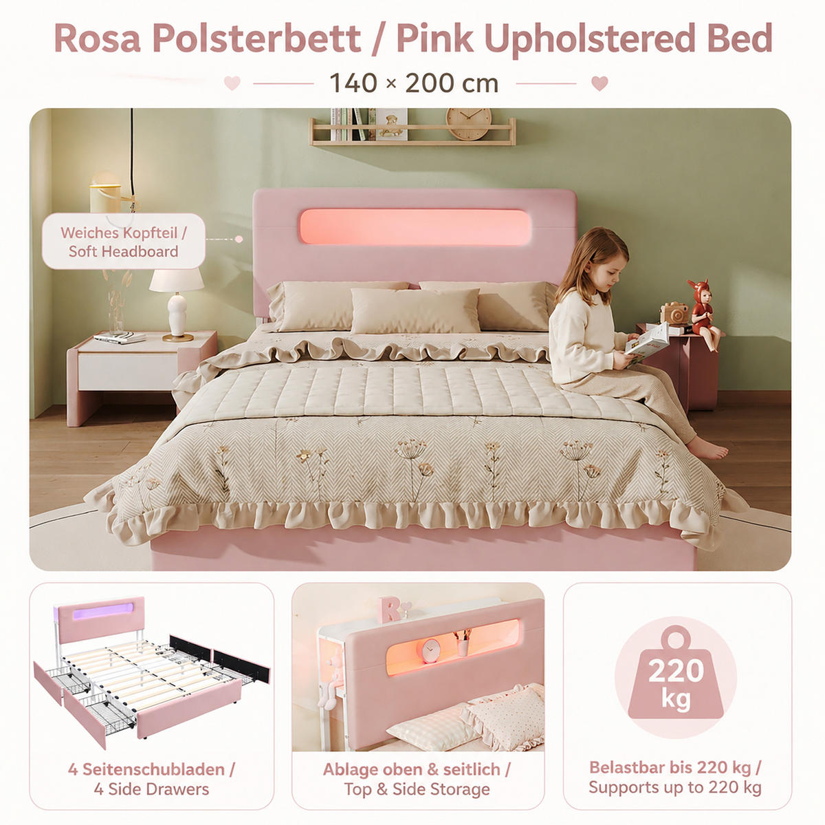 KINDER-POLSTERBETT Samt 140x200 cm Rosa mit 4 Schubladen, LED-Beleuchtung und offenem Kopfteil - Pink, Textil (140/200cm) - Modfu