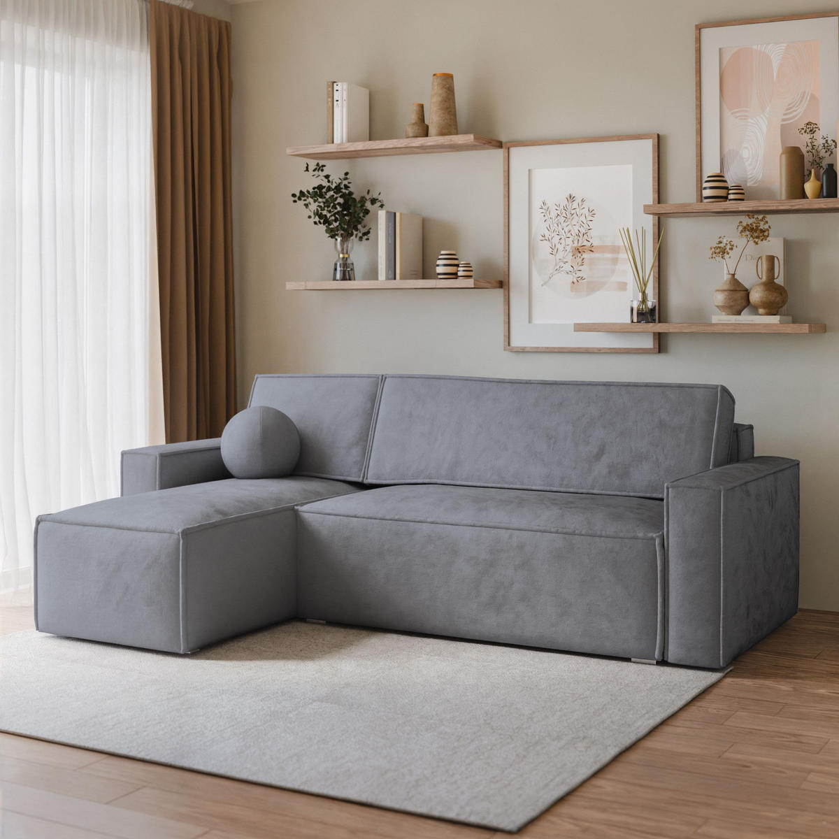 ECKSOFA RAVELO M Grau Velours-Stoff mit Schlaffunktion - Grau, Holz (240/140cm) - MASSENO