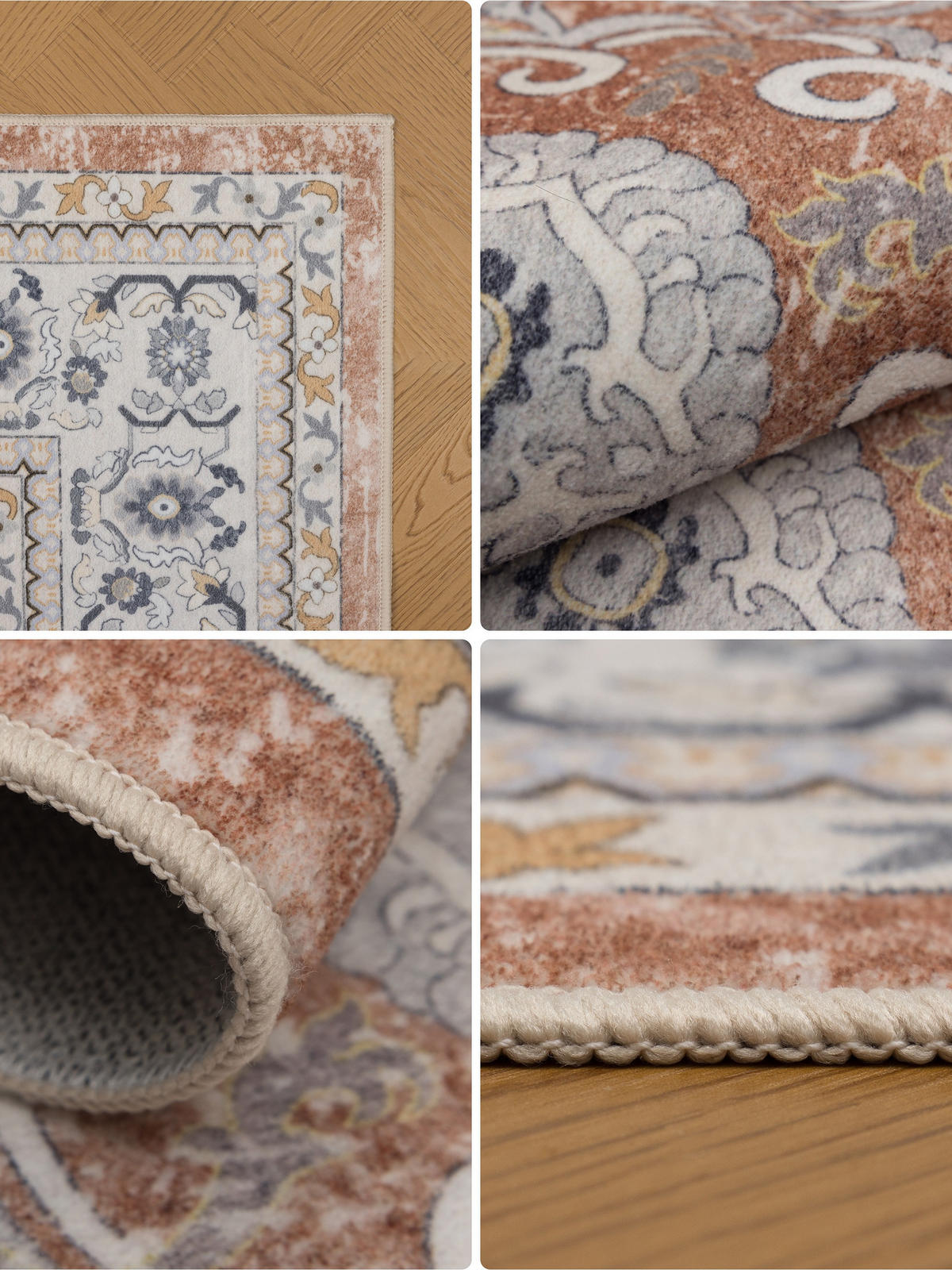 TEPPICH Kurzflor, waschbar, mit floralen Ornamenten, VERNANTE in Terrakotta-Creme, 140 x 200 cm - Rot, Textil (140/200cm) - KADIMA DESIGN