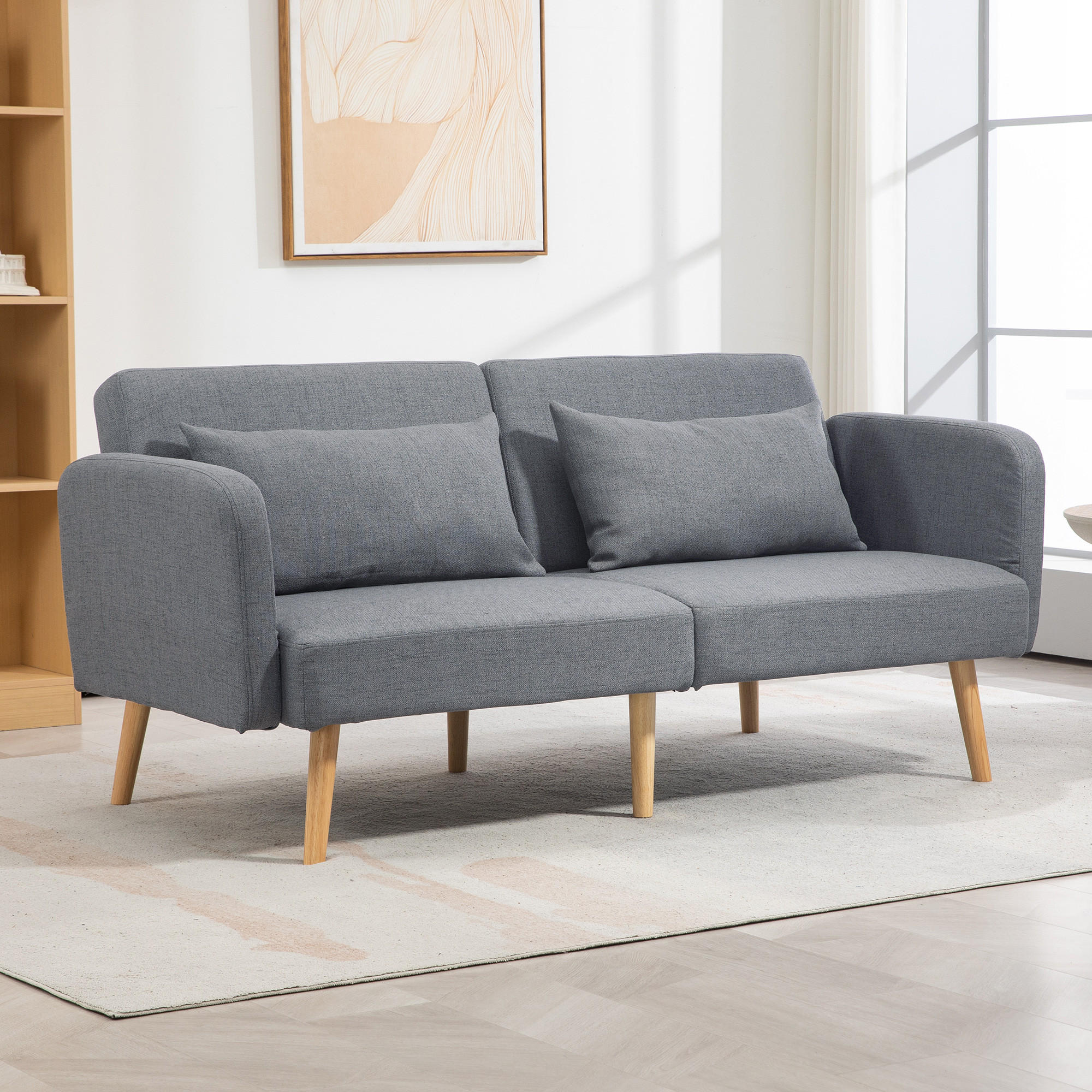 3-SITZER Schlafsofa, 2-Sitzer Klappbett mit Bettfunktion, 2 Wurfkissen Grau - Naturfarben/Grau, Holz/Textil (83/80/170cm) - HOMCOM