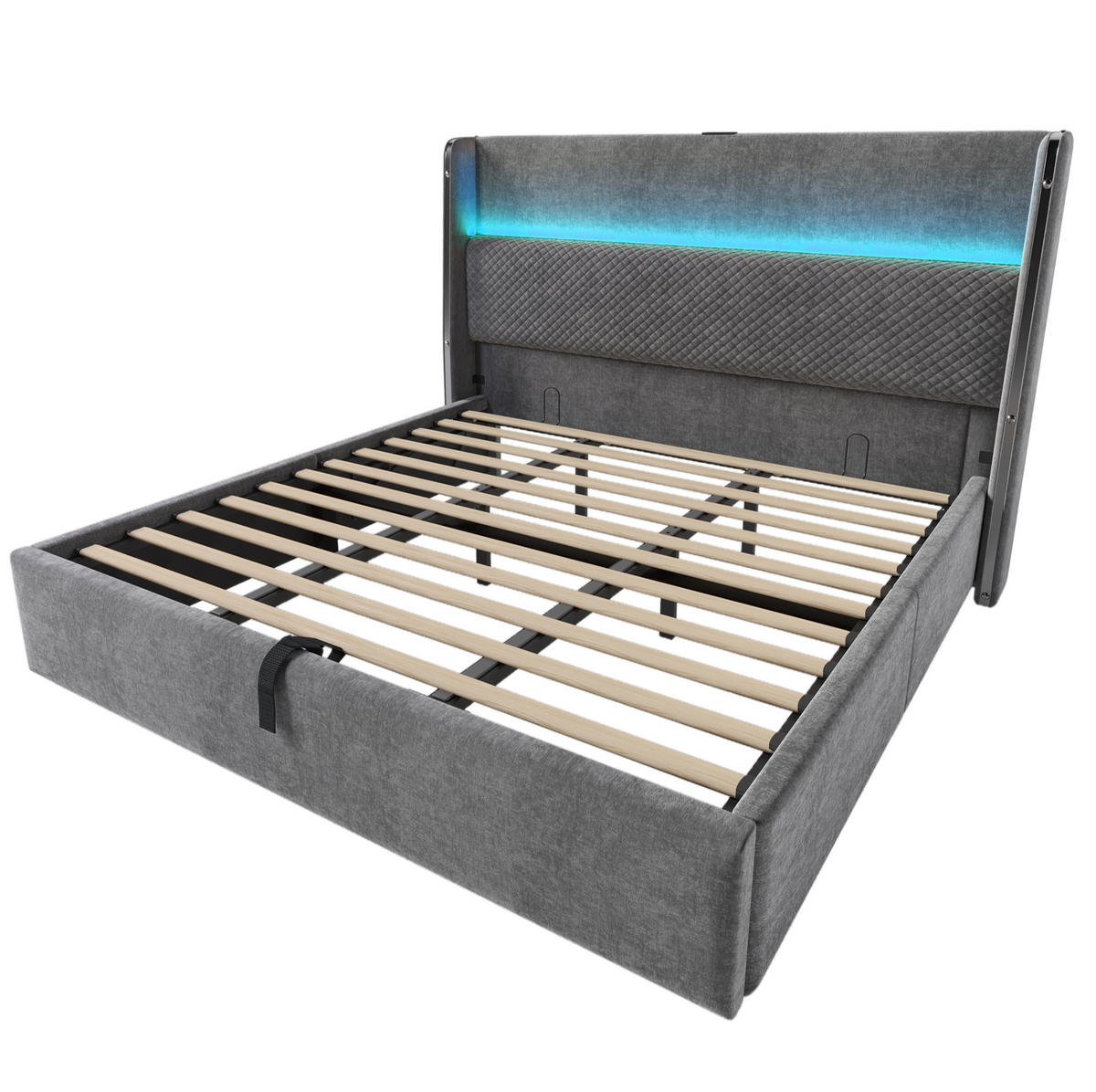 BETT hydraulisch 180x200 cm Leinenoptik Grau mit Matratze - Grau, Metall (180/200cm) - Meubliv
