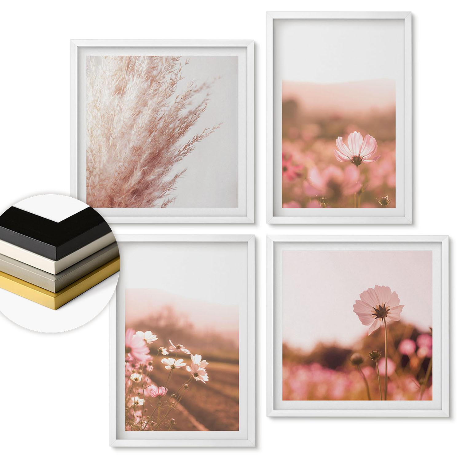 WANDBILDER 4er-Set - 50x50 cm & 40x60 cm Weißer Rahmen - Wildblumen auf den Wiesen im Sommer - Weiß, Kunststoff (50/50cm) - ArtPrintCave