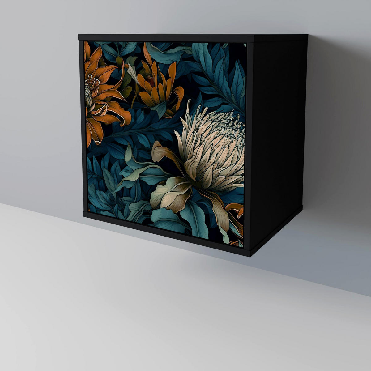 SIDEBOARD MORNING BLOOM, Schwarz, 57,5x42x75,5 cm, Goldfarbene Metallfüße - Goldfarben/Multicolor, Holzwerkstoff/Metall (57.5/75.5/42cm) - SpaceRebels