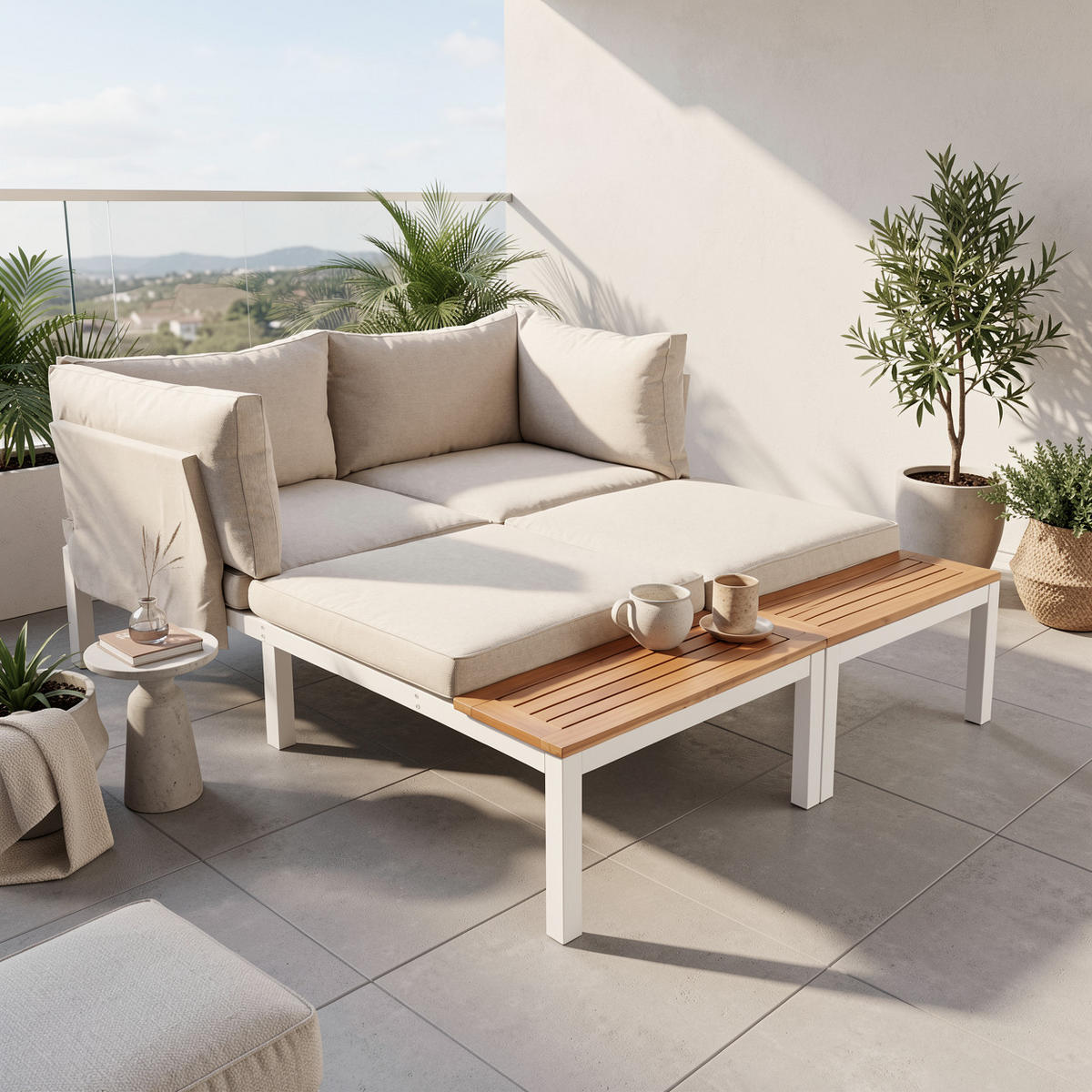 LOUNGEGARNITUR 5-tlg. Stahl & Akazie Beige Gartensofa mit Tisch & Beistelltischen - Beige, Metall - Urban Meuble