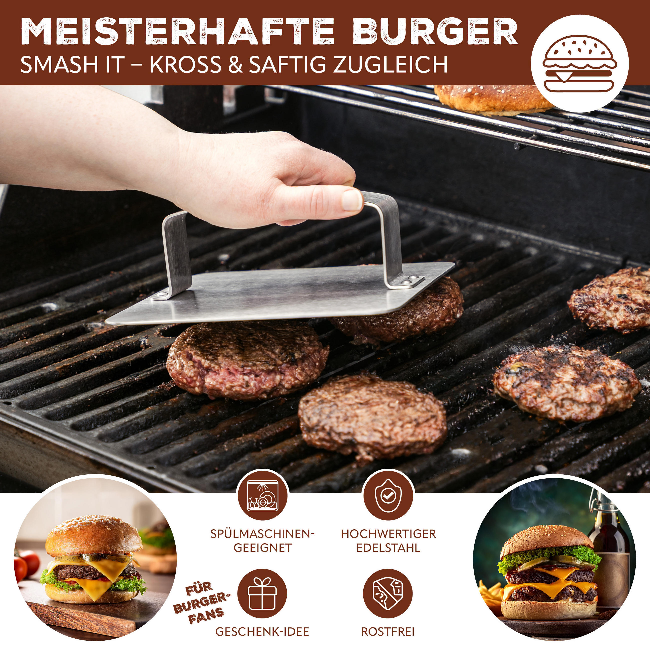 BURGERPRESSE, silber, Edelstahl - Edelstahlfarben, Metall (18/6/18cm) - bremermann