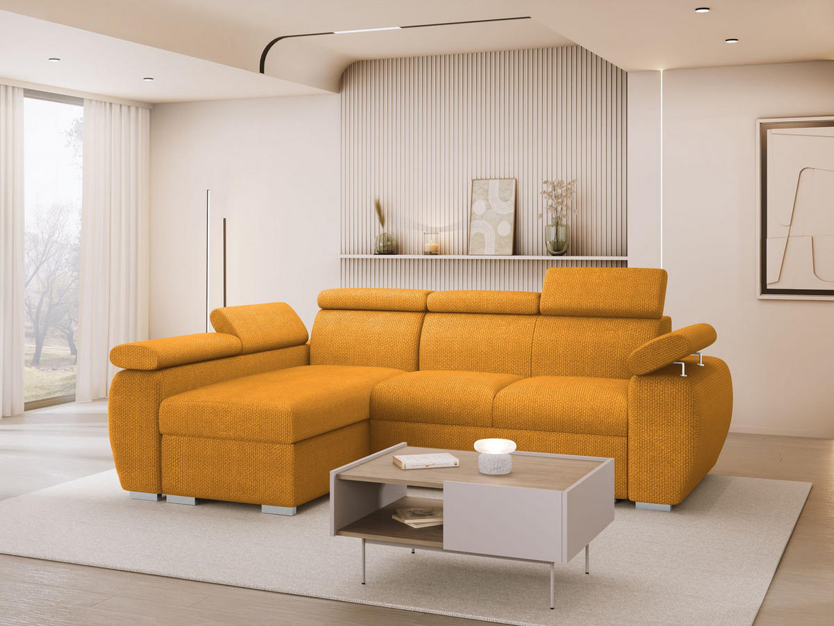 ECKSOFA Boston Mini, Seite: Links - LC+2R - Chromfarben/Currygelb, Holz/Textil (255/170cm) - MIRJAN24