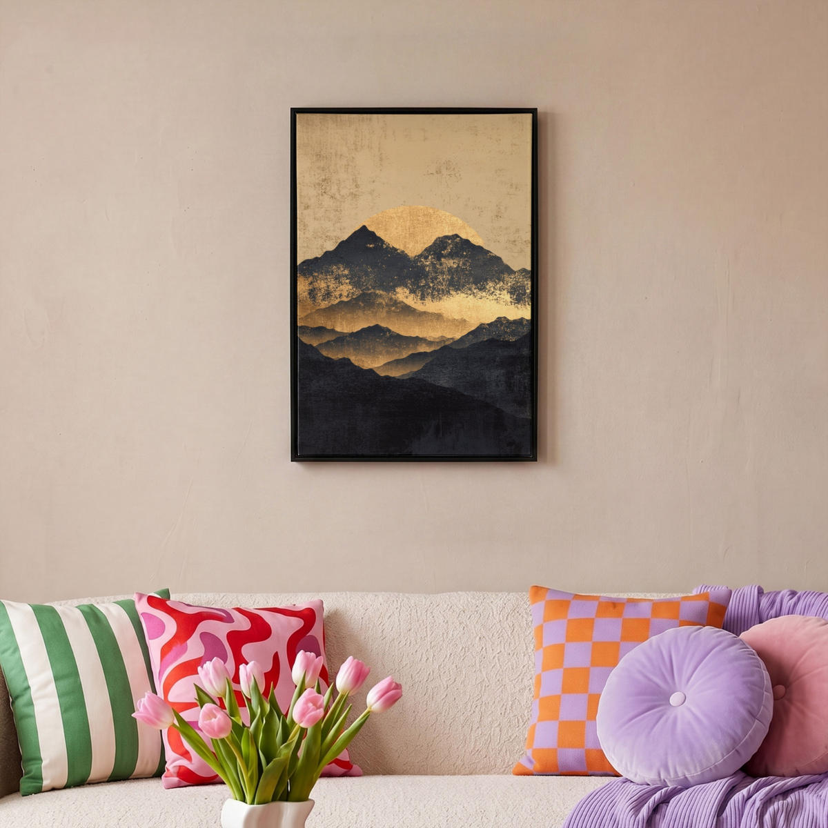 LEINWAND Bilder mit Rahmen - Goldene Berge bei Mondschein - 40x60 - Goldfarben, Textil (40/60cm) - MuchoWow