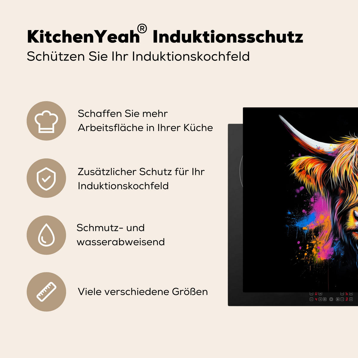 HERDABDECKPLATTE Schottischer Highlander - Graffiti - Bunt - Blume - Tiere Herdabdeckung Induktionsfeld 70x52 cm - Multicolor, Kunststoff (70/52/0.2cm) - MuchoWow