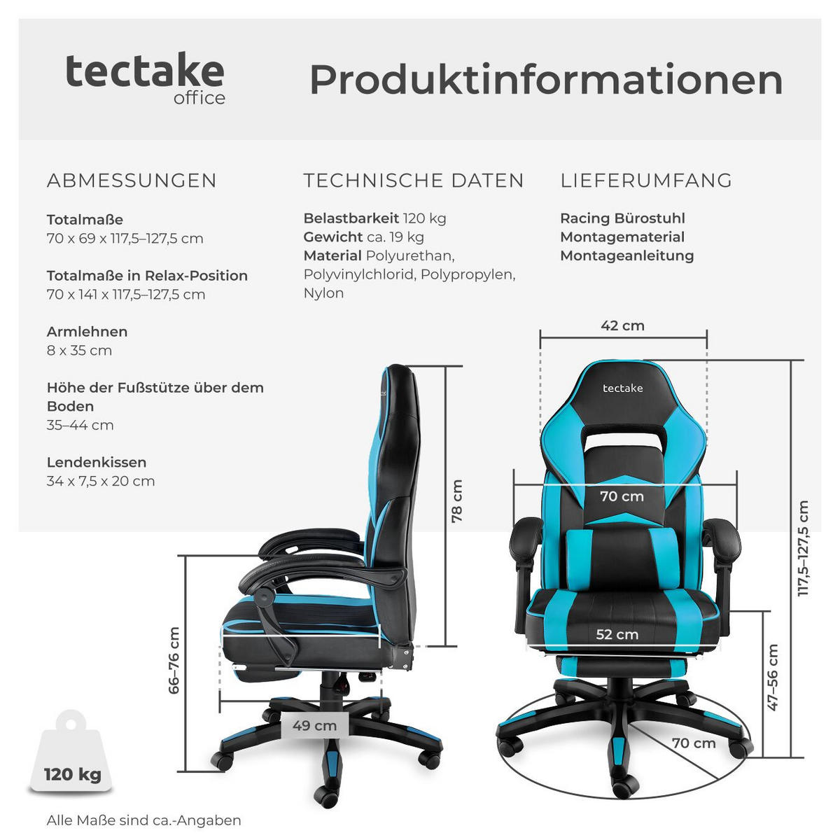 BÜROSTUHL Racing Comodo, Belastbarkeit 120 kg,schwarz/azur - Schwarz/Hellblau, Textil (70/127.5/69cm) - tectake