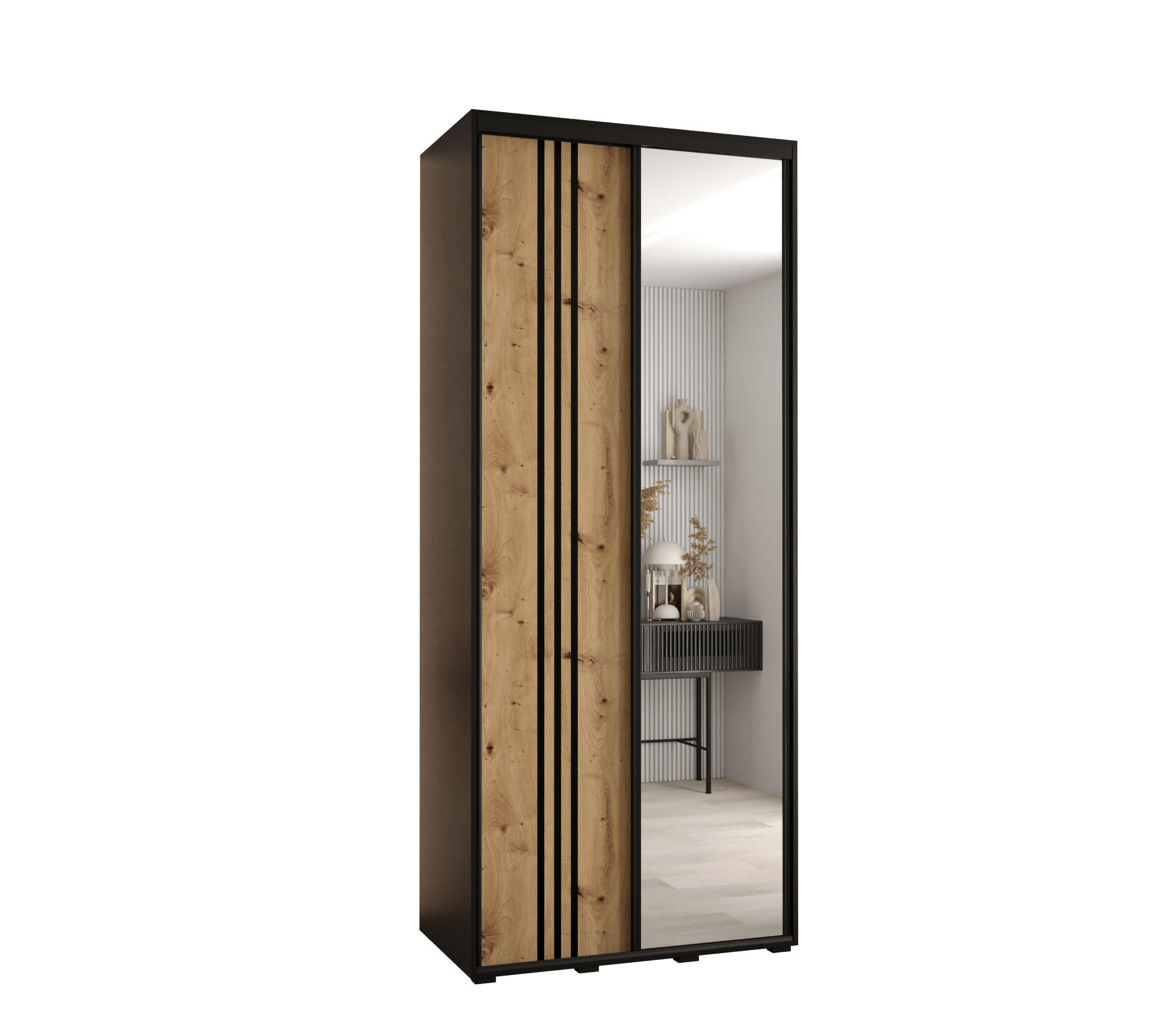 Abiks Möbel Schwebetürenschrank Schwarz, Eiche Artisan, Schwarz 120x235x45 cm