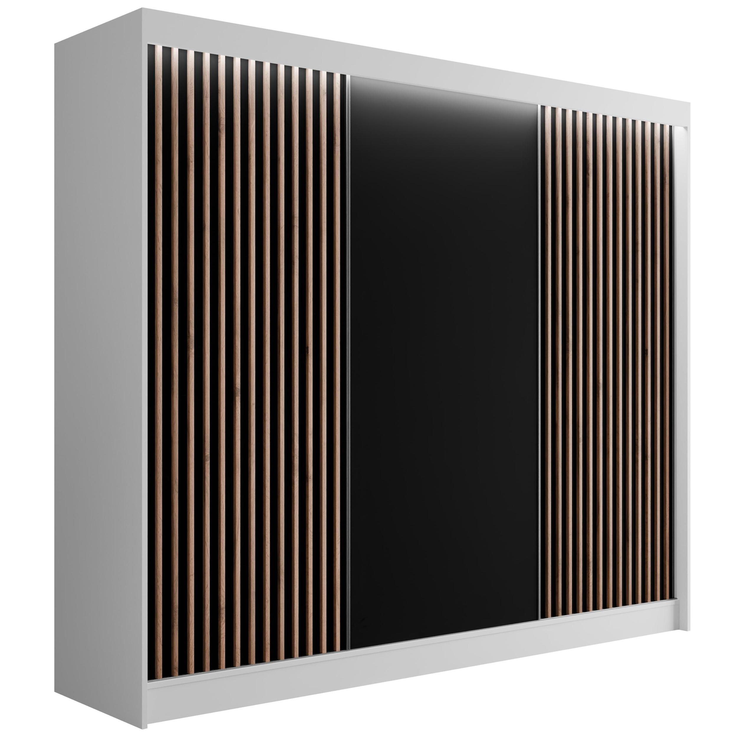 ALTDECOR ŠATNÍ SKŘÍŇ s LED, lamelové posuvné dveře VILANv2 – 250 cm bílá + lamely dub wotan