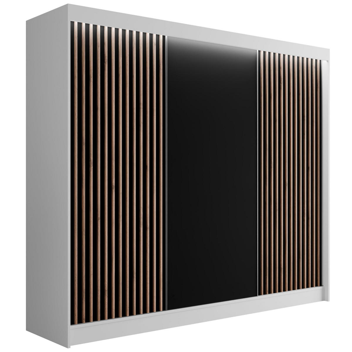 KLEIDERSCHRANK mit LED, Lamel-Schiebetüren VILANv2 - 250 cm Weiß + Lamelle Eiche Wotan - Eiche Wotan/Weiß, Holzwerkstoff (250/215/61cm) - ALTDECOR