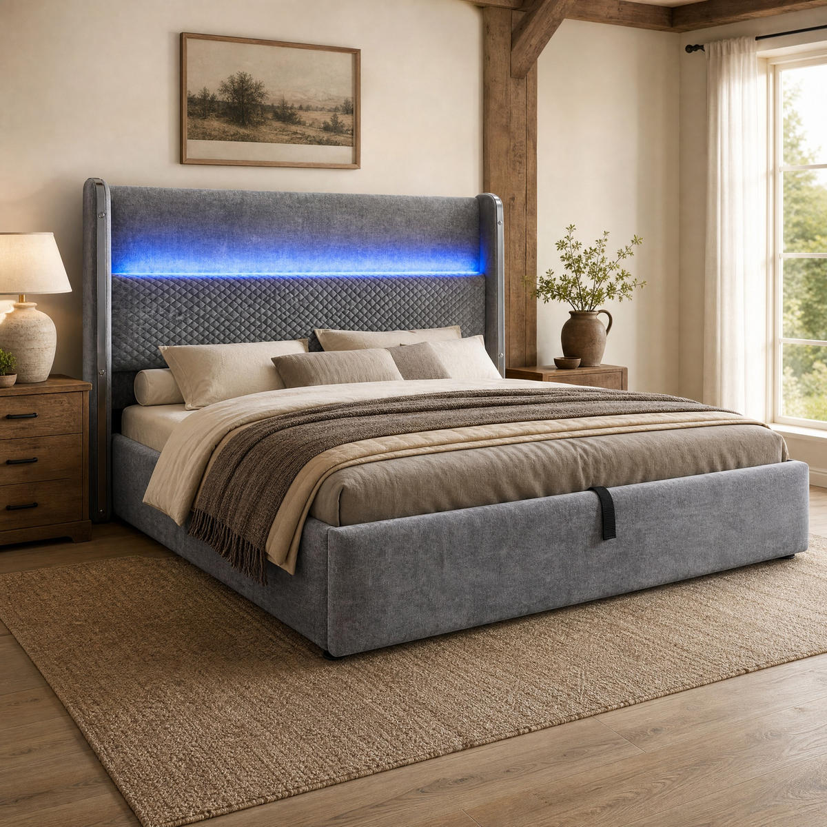POLSTERBETT 180/200 mit Bettkasten, LED und USB & Type-C in Grau - Grau, Holzwerkstoff/Textil (180/200cm) - EVRYAE