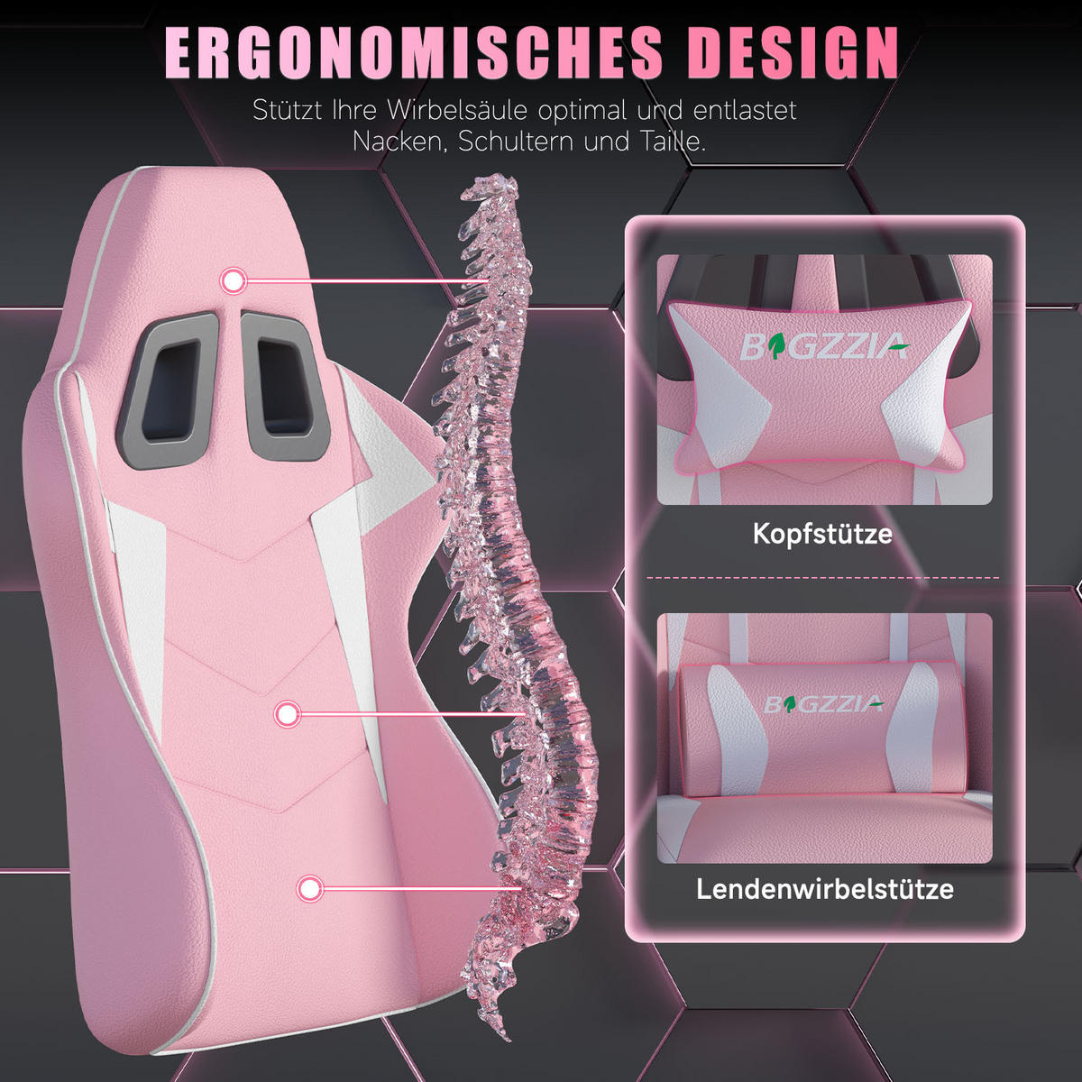 GAMINGSTUHL Weiß-Rosa ergonomisch - Weiß/Rosa, Leder (29/59/79cm) - Rattrix