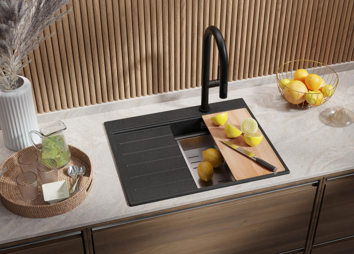 SPÜLBECKEN Sydney, 2-er set Anthrazit 62/50 cm 1 Becken + Ablauf-Set + Küchenzubehörset ab 40er Unterschrank - Chromfarben/Anthrazit, Kunststoff (62/20/50cm) - Primagran