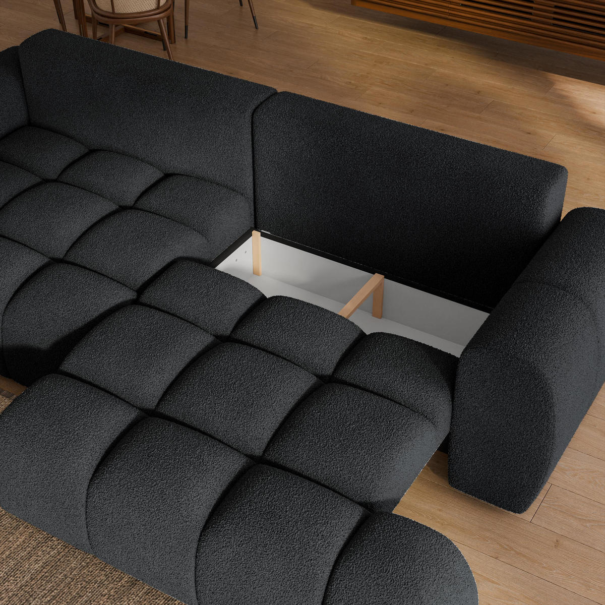 BETTSOFA DAFNE Schwarz Bucle-Stoff mit Schlaffunktion - Schwarz, Textil (300/88/113cm) - MASSENO