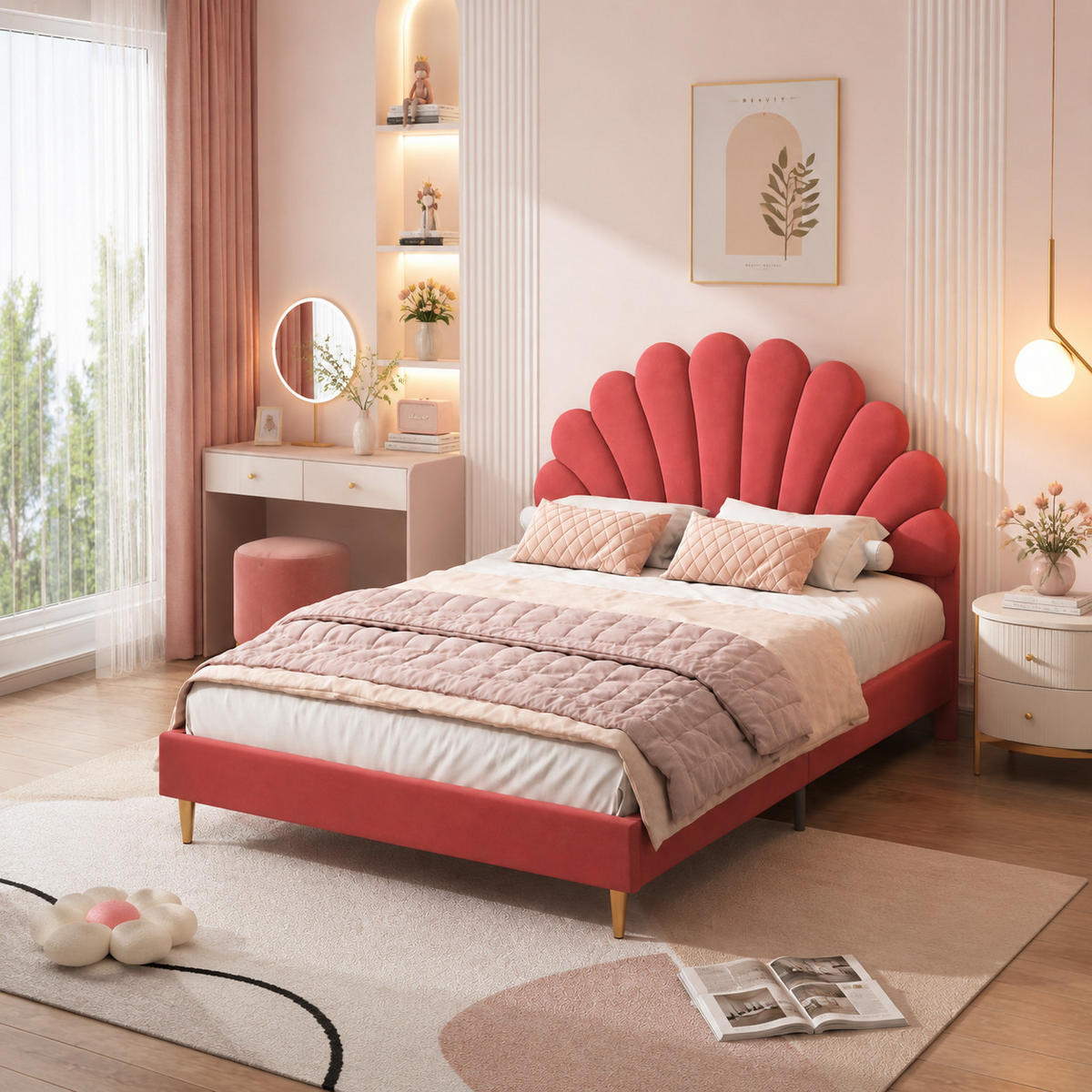 POLSTERBETT 140/200 Bordeaux Muschelkopfteil Doppelbett Jugendbett - Bordeaux, Holz/Metall (140/200cm) - Joyfair