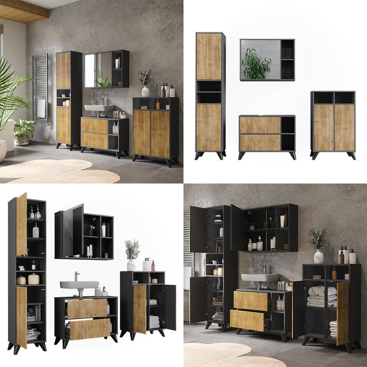 BADMÖBEL-SET Leano Anthrazit/Bergeiche 80 cm, Set 4 - Eichefarben/Anthrazit, Holzwerkstoff (80/62/30cm) - Vicco