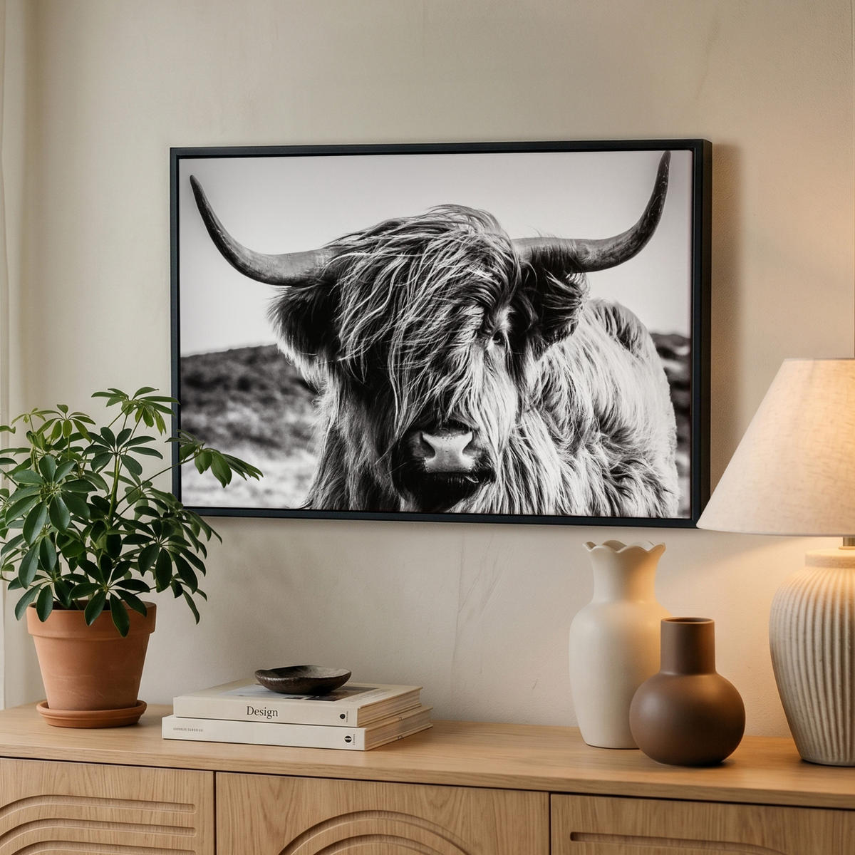 LEINWAND Bilder mit Rahmen - Kuh - Schottischer Hochländer - Schwarz - Weiß - Tier - Natur - Wildtiere - 60x40 - Schwarz, Textil (60/40cm) - MuchoWow