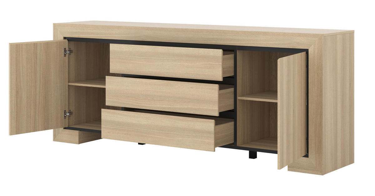 SIDEBOARD LUNO 225x48x90 cm mit 3 Schubladen und 2 Türen Eichefarben - Braun, Holzwerkstoff (225/90/48cm) - MASSENO