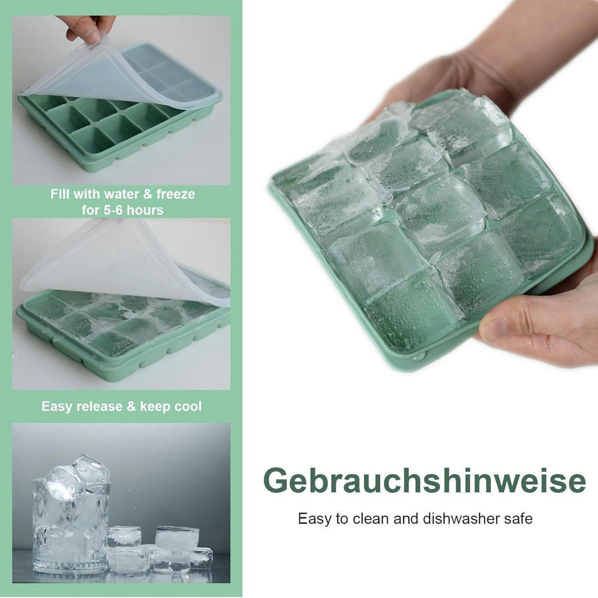 EISWÜRFELFORM 2er-Set Silikon mit Deckel 30 Fächer Olivgrün - Olivgrün, Kunststoff (13/3/18.5cm)