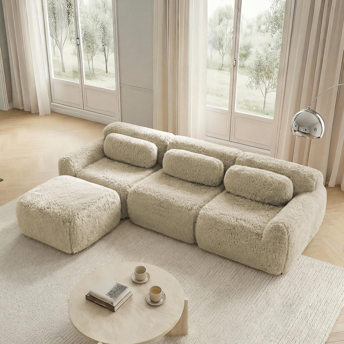 ECKSOFA Plüsch Hellkhaki mit Kissen - Beige, Textil (291/179cm) - WISHDOR