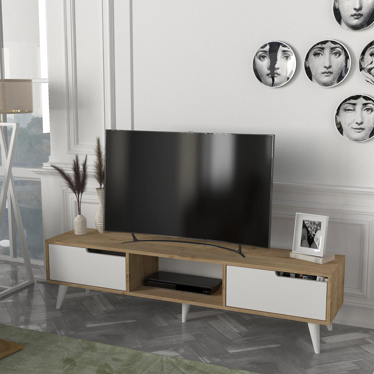 FERNSEHSCHRANK Kullila - Eichefarben/Weiß, Holzwerkstoff (35/40/160cm) - [en.casa]