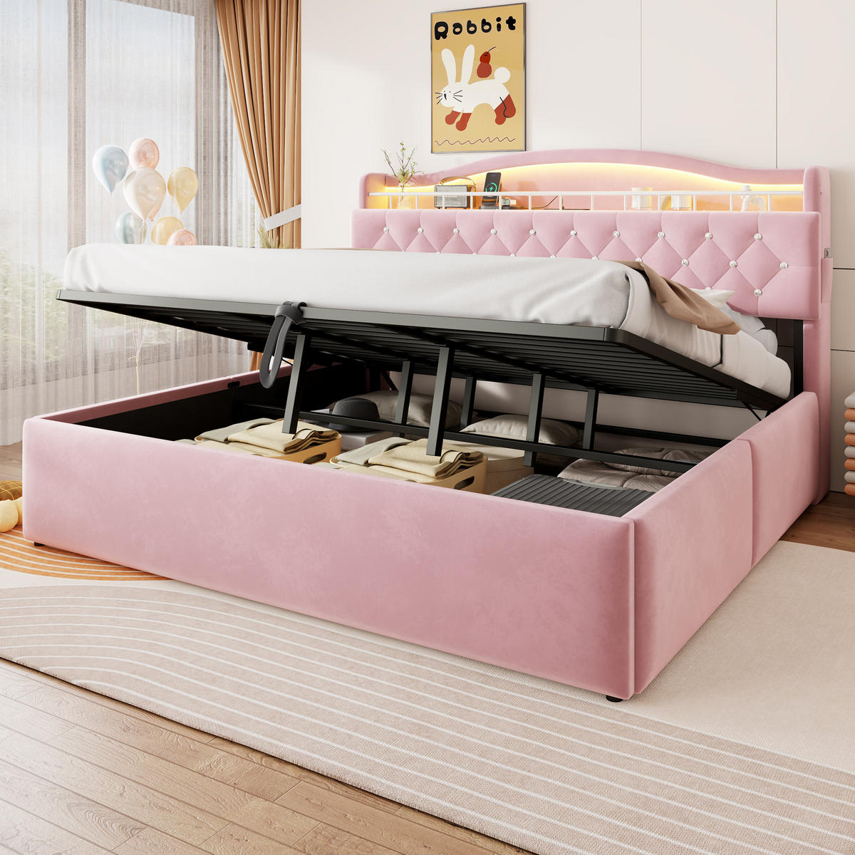 POLSTERBETT 180x200cm Samt LED USB Hydraulik Stauraum Rosa - Pink, Metall (180/200cm) - FLIEKS