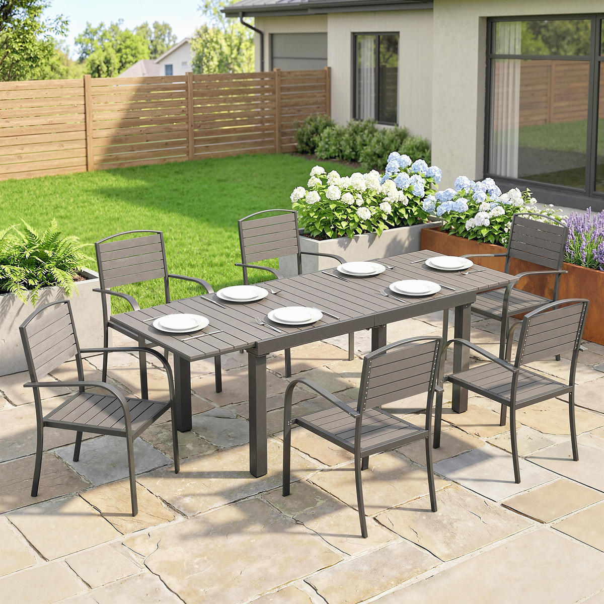 OUTDOOR-ESSGRUPPE 7er Set Aluminium WPC Grau - Dunkelgrau/Grau, Kunststoff/Metall - Outsunny