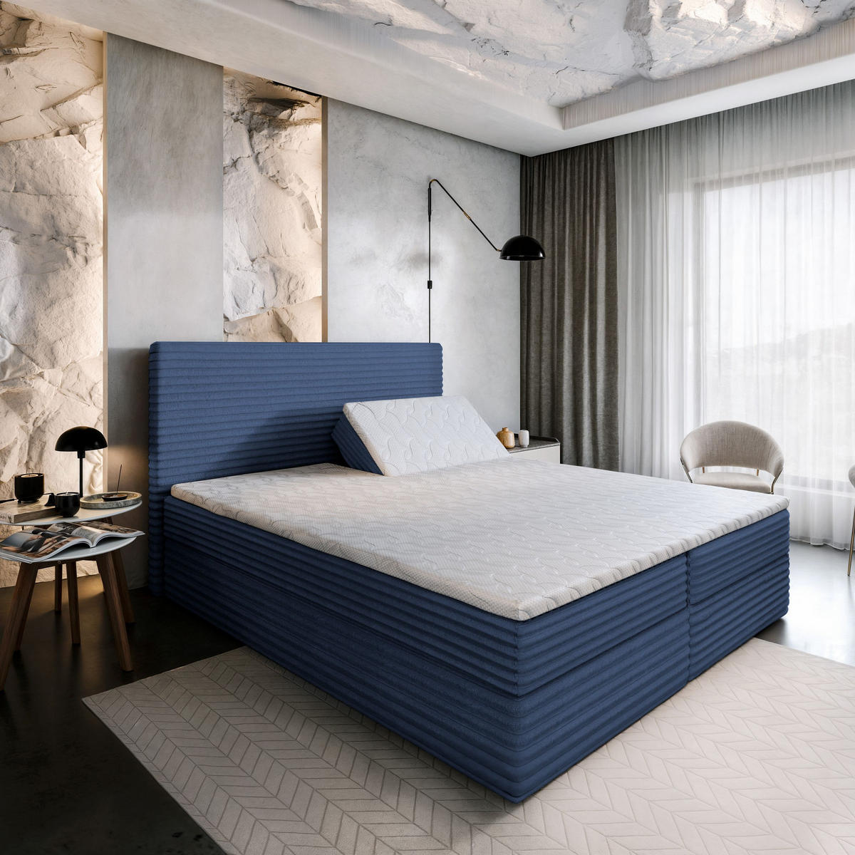 BOXBETT MILARA 140x200 cm mit Matratze und Topper - Blau - Blau, Holz (140/200cm) - MASSENO