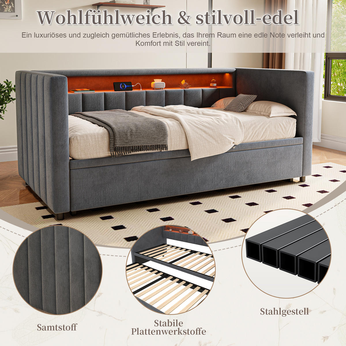 POLSTERBETT aus Samt 90x190 cm in Dunkelgrau mit LED & USB-Type-C - Dunkelgrau, Textil (90/190cm) - Modfu